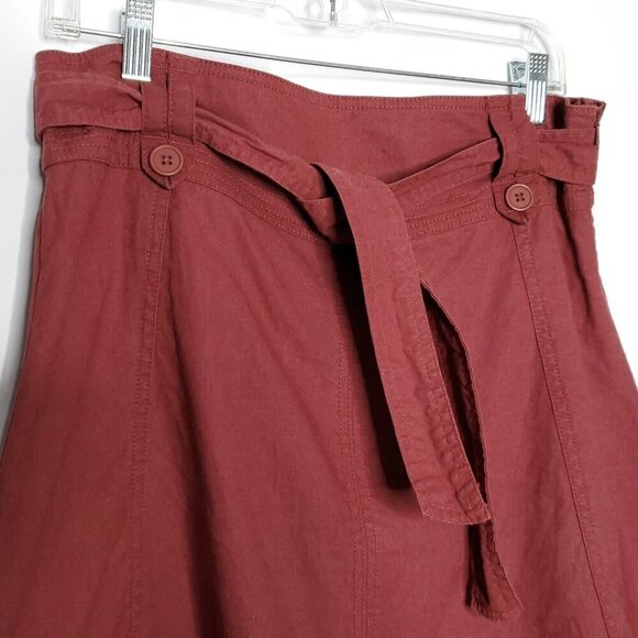 Linen A Line Panel Midi Skirt S Rust Red Tie Belt Boho Nature Modest Y2K - Picture 3 of 7